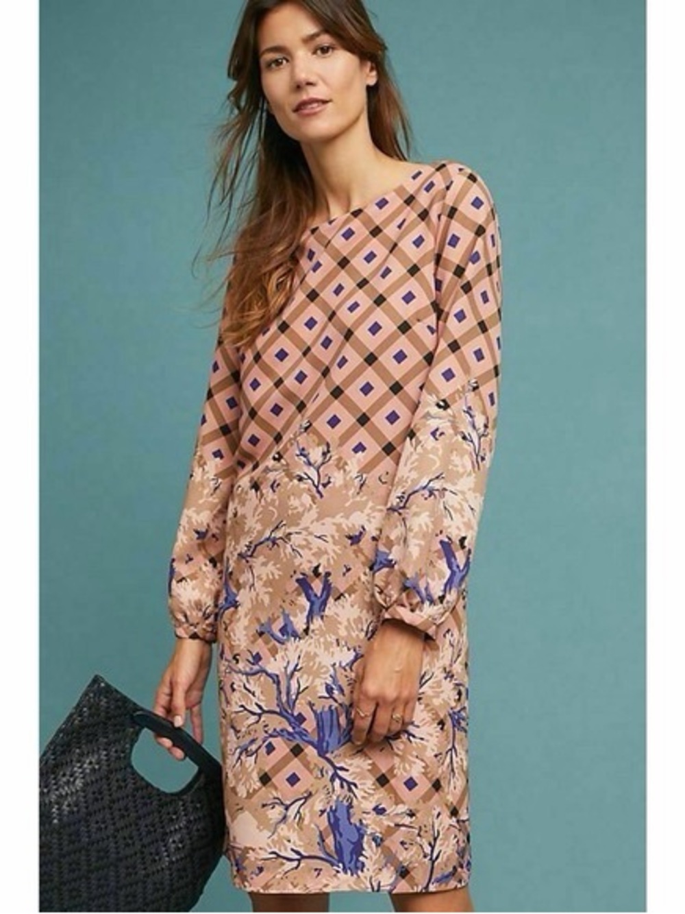 Ottod’Ame Mara Long-Sleeve Plaid Peach Print Shift Dress Size 12